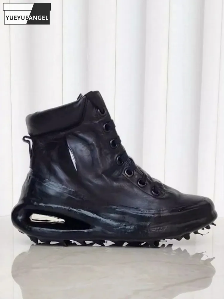 Handgemachte Stiefel Männer High Top Pferdeleder Echtes Leder Schuhe Gothic Dicke Plattform Vintage Stiefeletten Casual Lace Up Sneakers