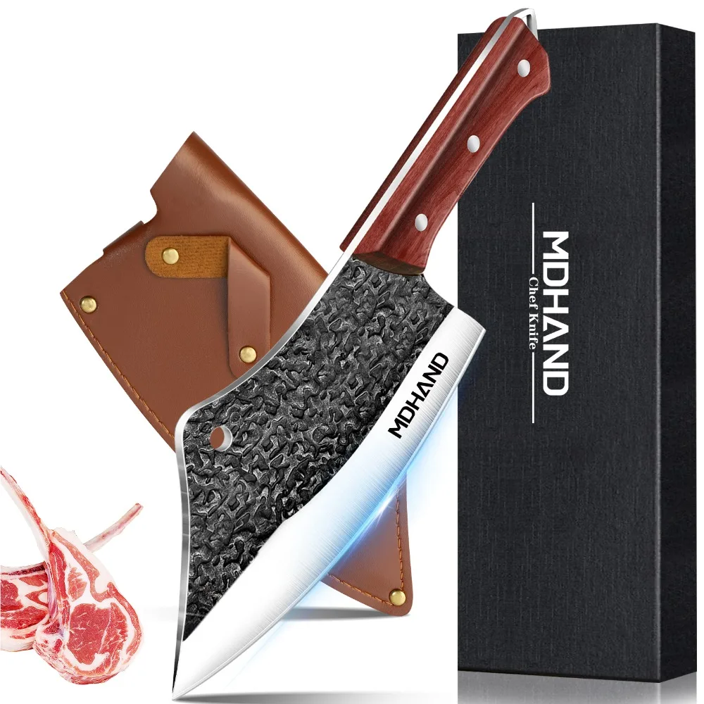 MDHAND Gehämmerte Kochmesser Küchenmesser aus Kohlenstoffstahl zum Ausben von Fleisch, Schneiden von Gemüse, Schneiden, Hackmesser, Küche mit Geschenk Image