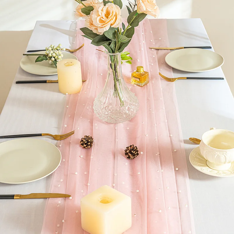 Rosa Gaze Tischläufer Romantische Perle Mesh Tischdecke Hochzeit Esstisch Abdeckung Dekoration Geburtstag Baby Shower Party Dekor Image