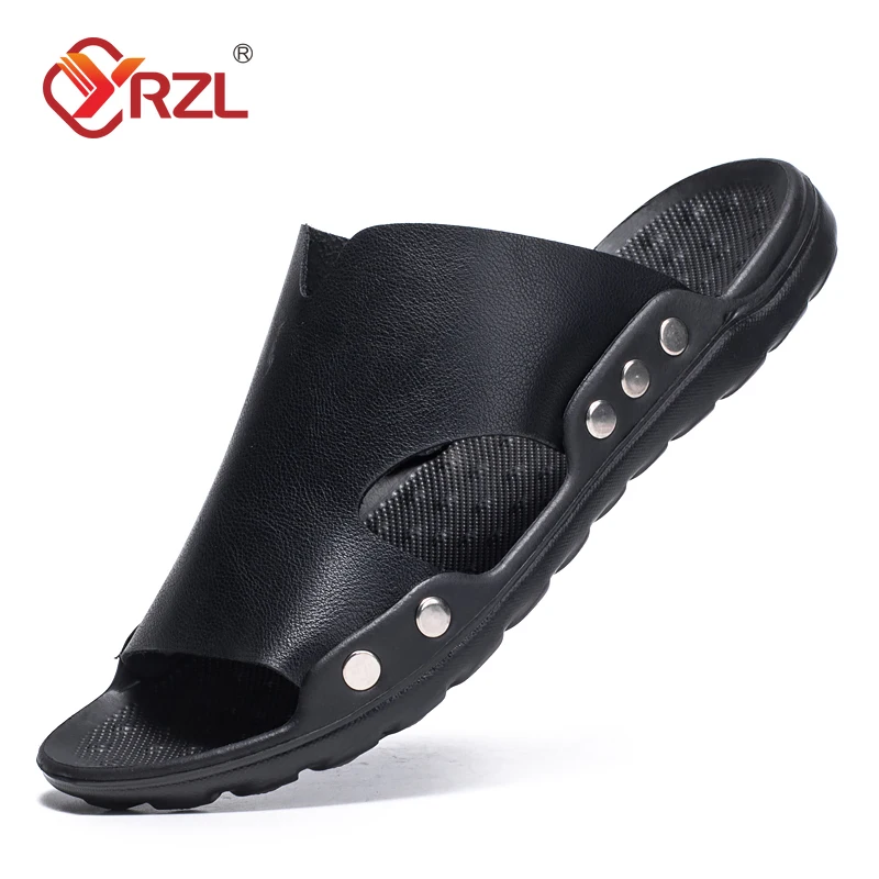 YRZL Sandalen Herren Leder Klassische Sommer Herren Hausschuhe Weiche schwarze Hausschuhe PU Leder Hausschuhe Leichte EVA Slides für Herren