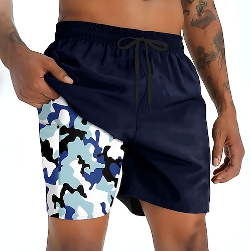 Herren Tarnung Gefütterte Shorts 2 in 1 Badeshorts Badeshorts Mittlere Taille Hawaiianisch Urlaub Ferien Strandbekleidung Seitentaschen Mit Kompressionsfutter Elastischer Kordelzug in der Taille Image