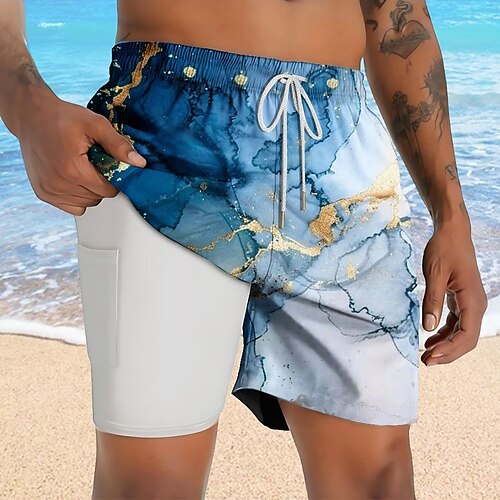 Herren Geometrisch Marmor Abstrakte Kunst Gefütterte Shorts 2 in 1 Badeshorts Badeshorts Mittlere Taille Hawaiianisch Urlaub Ferien Strandbekleidung Seitentaschen Mit Kompressionsfutter Elastischer Image