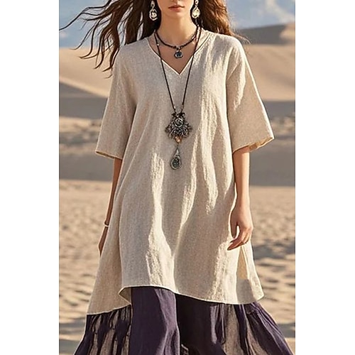 Damen Midikleid Baumwoll Mischung Kaftan Kleid Mode Basic Modern Täglich Outdoor Ferien Normale Passform Farbblock Halbarm V Ausschnitt Schwarz Weiß Orange Leicht Blau Sommer Image