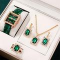 Ensemble de 5 montres à quartz vintage pour femmes montre-bracelet analogique carrée verte bijoux en strass - Cadeau parfait pour maman