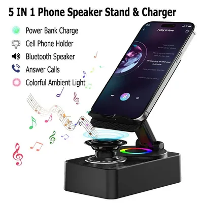 Wireless Audio Bluetooth Speaker withPower Bank, 5 in 1 Emergency Charging LEDPhone Holder Festival