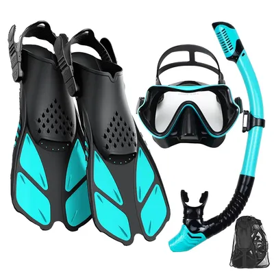 Mask Fins Snorkel Set, Snorkeling Gear for Adults, Panoramic View Snorkel Mask Anti-Fog, Adjustable