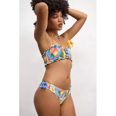 Damson Madder Orange Print Shirred Bow Bikini Bottoms - Blue UK 8 at Urban Outfitters