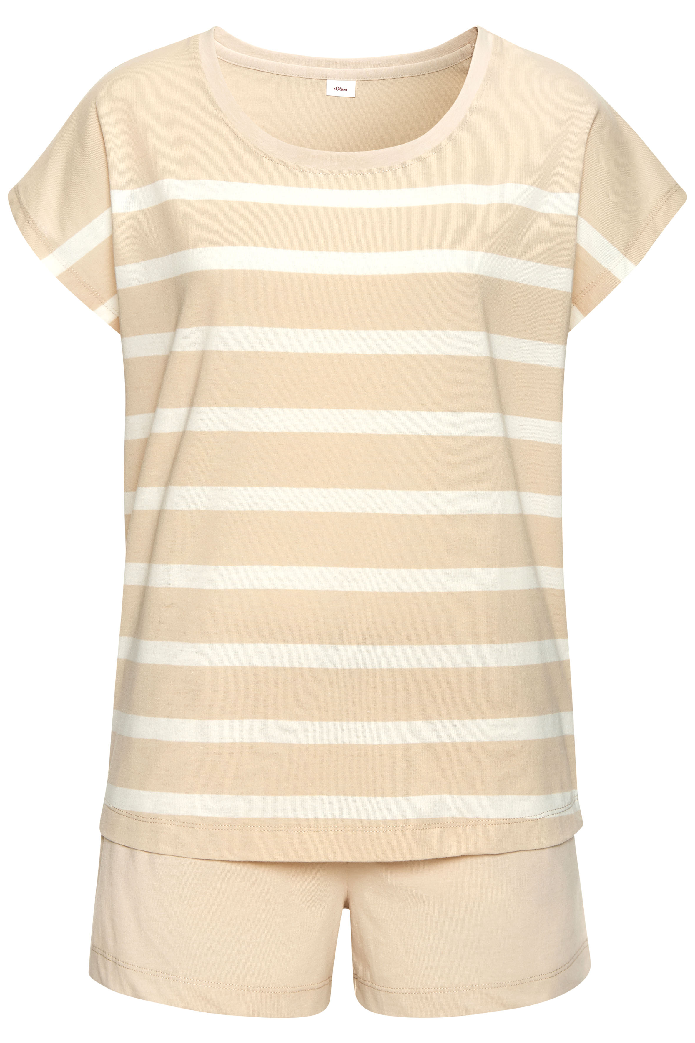 Shorty S.OLIVER, Damen, Gr. 32/34, beige (beige, weiß, gestreift), Single Jersey, Obermaterial: 60% Baumwolle, 40% Polyester, gestreift, unifarben, loose fit kurz, Rundhals, angeschnitten, Homewear-Sets Shorty, mit garngefärbten Streifen im Oberteil