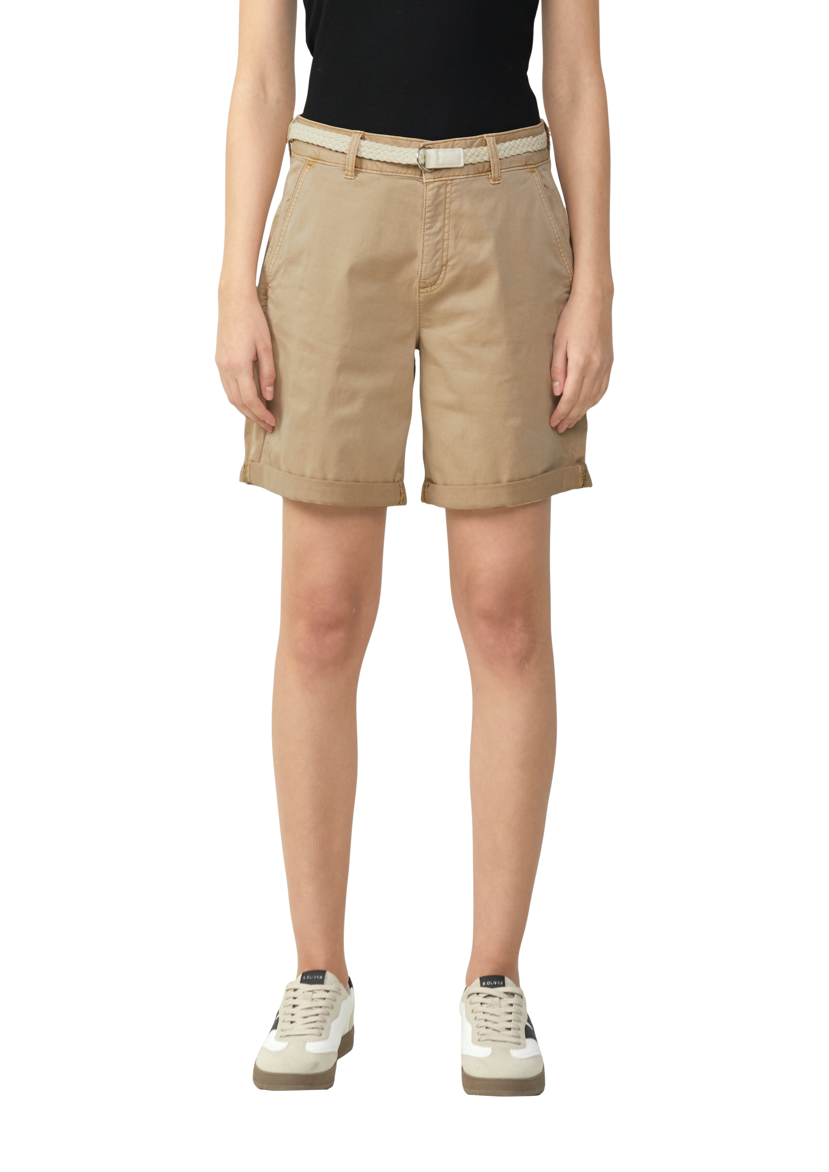Chinoshorts S.OLIVER, Damen, Gr. 40, N-Gr, beige (sesame beige), Obermaterial: 98% Baumwolle, 2% Elasthan, unifarben, regular fit kniefrei, Hosen Chinoshorts, Sommerhose mit geflochtenem Gürtel