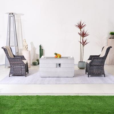 Modern 3-piece Rectangle Terrafab Composite Fire Pit Table Set with 2 PE Rattan Chairs