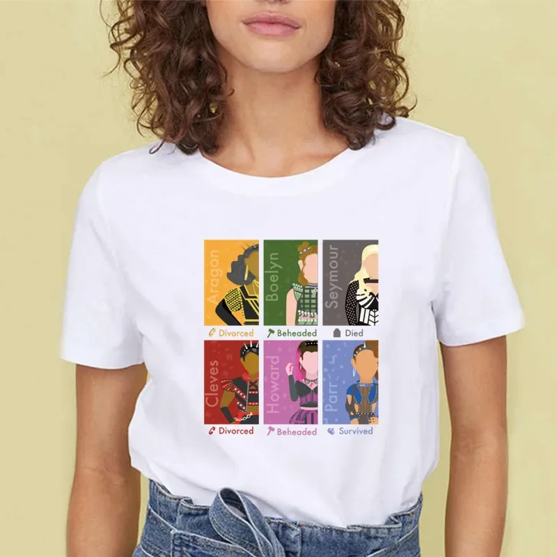 SECHS Die Musical Queens Brief Hip Hop Print T Shirt Casual Oansatz T Shirt für Frauen Kurzarm Mode Weibliche Top