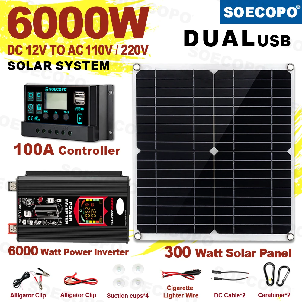 SOECOPO 6000W Solarsystem DC12V zu AC110V 220V 100A MPPT Controller 300W Panel Inverter für Home RV Camping Power Backup CE FCC Image