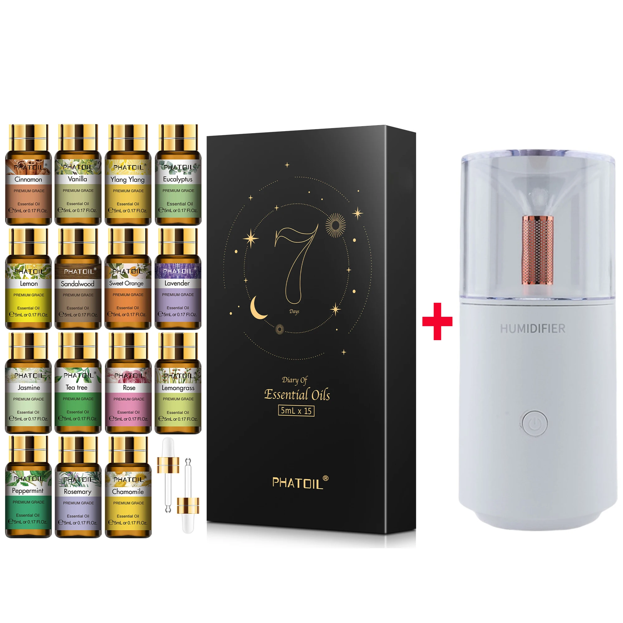 PHATOIL 120 ml Auto-Aromatherapie-Gerät und 15-teiliges Set mit ätherischen Ölen, tragbarer Mini-USB-Diffusor für Auto, Zuhause, Büro, Schlafzimmer Image
