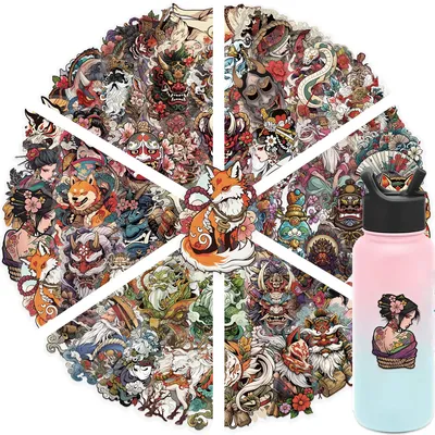 50 Stück japanische Tattoo-Kunst, Cartoon, wasserfest, Aufkleber-Set, niedliche Wasserflasche, Laptop, Skateboard, Sammelalbum, Zubehör, PET-Aufkleber Image