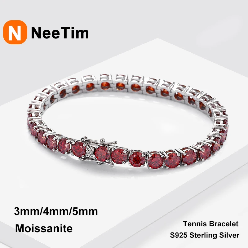 NeeTim Rot und Weiß Alle Moissanit Tennisarmbänder für Damen Herren S925 Sterling Silber mit Weißgold vergoldetem Hip-Hop-Armband
