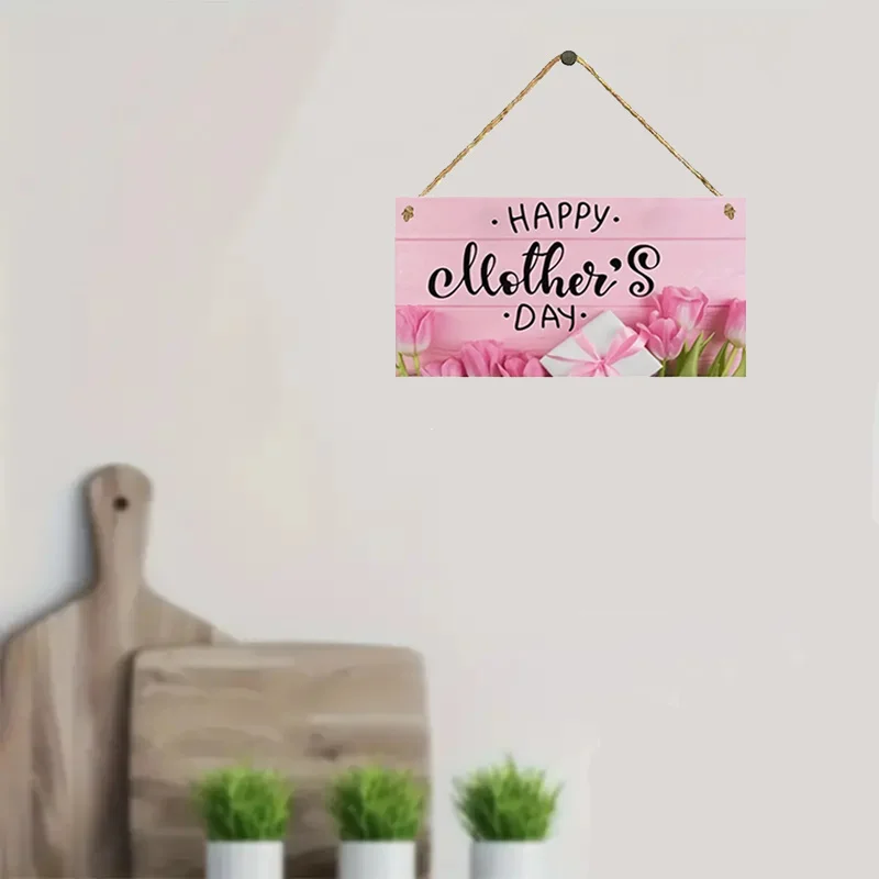 1-teiliges bezauberndes Holzschild „Happy Mother's Day“ mit rosa Tulpen und Schleifen im Landhausstil für Zuhause, Kaffeebar, Gartenzaun Image
