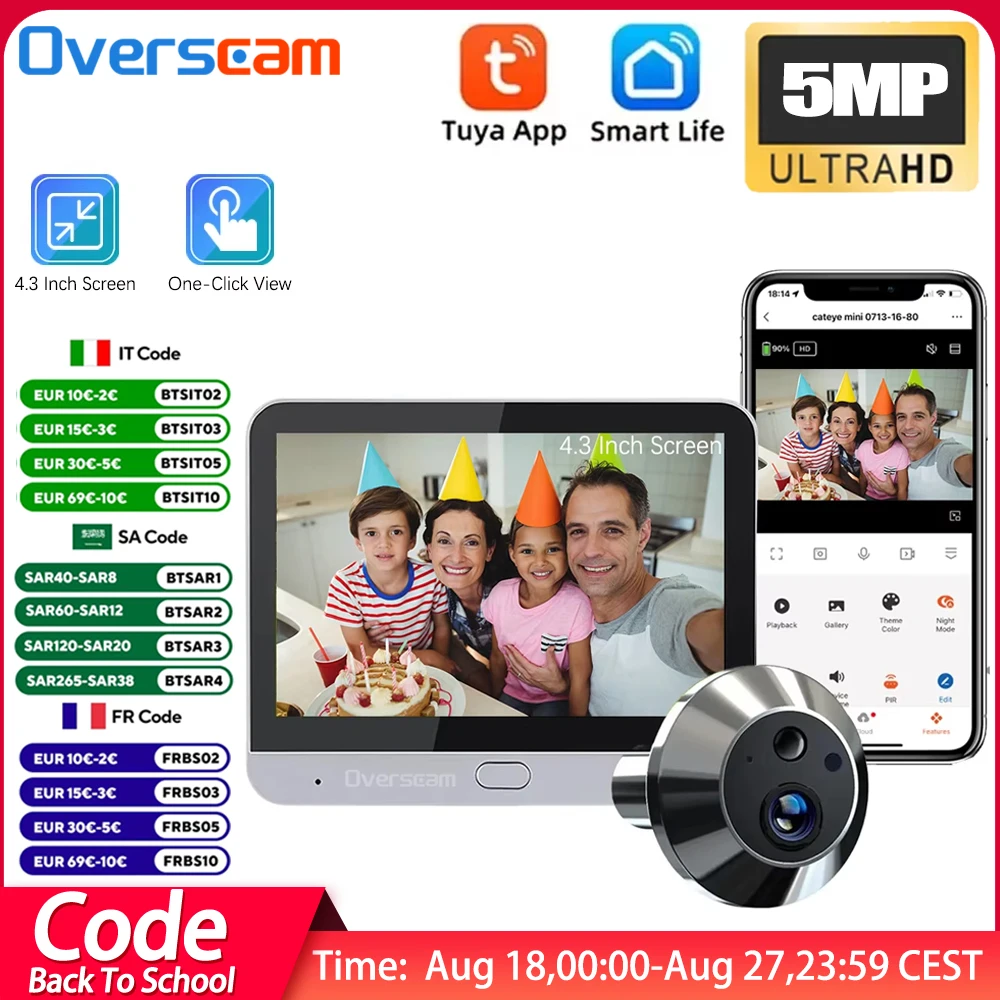 4,3 Zoll Baby Monitor Tuya SmartLife Home 5MP WiFi Digital Guckloch Tür Auge Video Kamera Home Security NightVision Video viewer Image