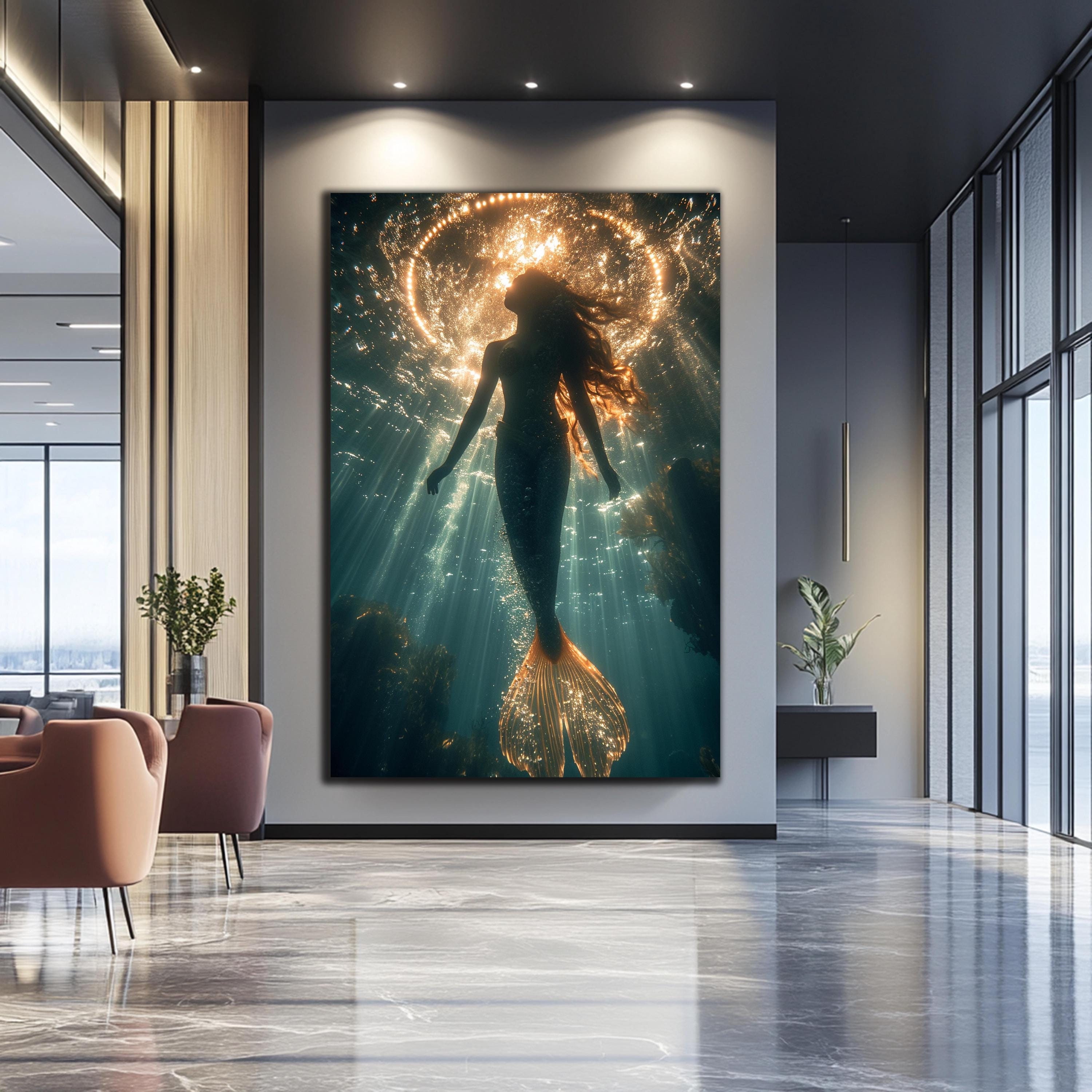 Quadri da parete con sirene - Quadri da parete in vetro temperato - Decorazioni murali con sirene - Quadri incorniciati con sirene - Sirena nell'acqua