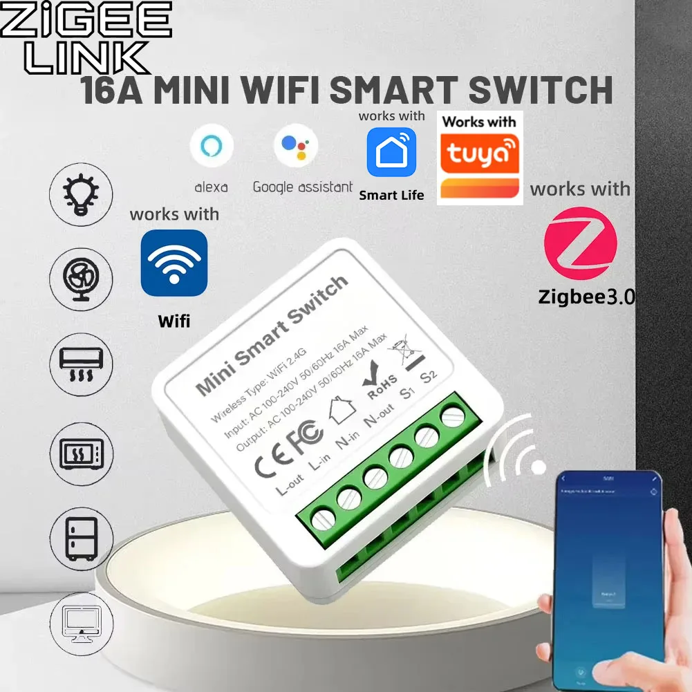 Interruttore Smart WiFi/Zigbee 3.0 16A 20A Modulo Relè Interruttore Automatico Controllo a 2 Vie Compatibile con App Tuya Smart Life Alexa Home Assistant