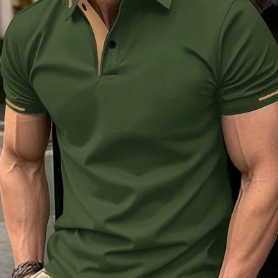 TEMU Summer Men's Plus-size Shirt - Classic Golf Collar, Dark Green, Breathable Polyester, Regular Fit, Machine Washable, Ideal For Tennis, Golf, And Casual , Plus Size Image