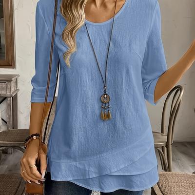 TEMU Women's Casual Blue Crew Neck Blouse With Hem - Lightweight, Relaxed Fit For Spring/summer, Casual Attire, Casual Wear| Hem Shirt|lightweight Fabric Image