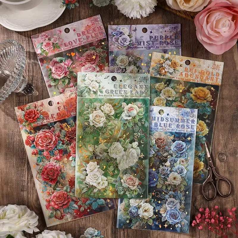 4 Blatt/Packung Rose Blume Vintage Retro Transparent PET Aufkleber DIY Kreatives Material Scrapbooking Journaling Collagen Image