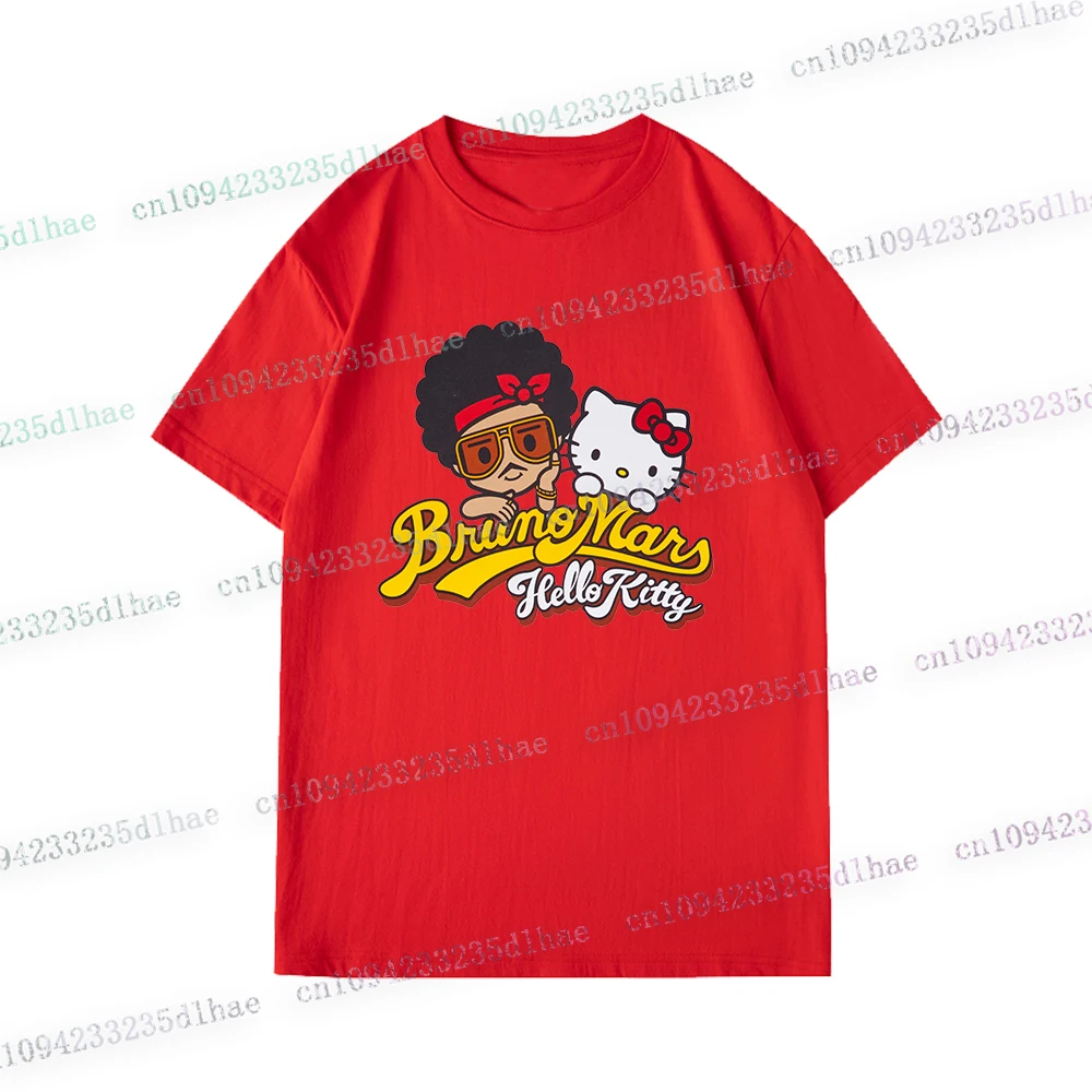 Hello Kitty Bruno Mars Logo Script Weißes T-Shirt Y2k Anime Streetwear Harajuku Kleidung Disney Trip 2025 Familie passende Outfits T-Shirt