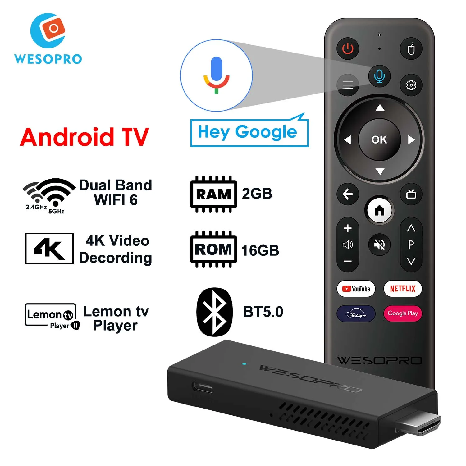 WESOPRO TV Stick G2 Android 12 Smart TV Dongle 2 GB RAM 16 GB ROM 2,4 GHz 5,0 GHz Wifi 6 BT5.0 H.265 4K 30pfs VS Xiaomi Mi TV Stick Image
