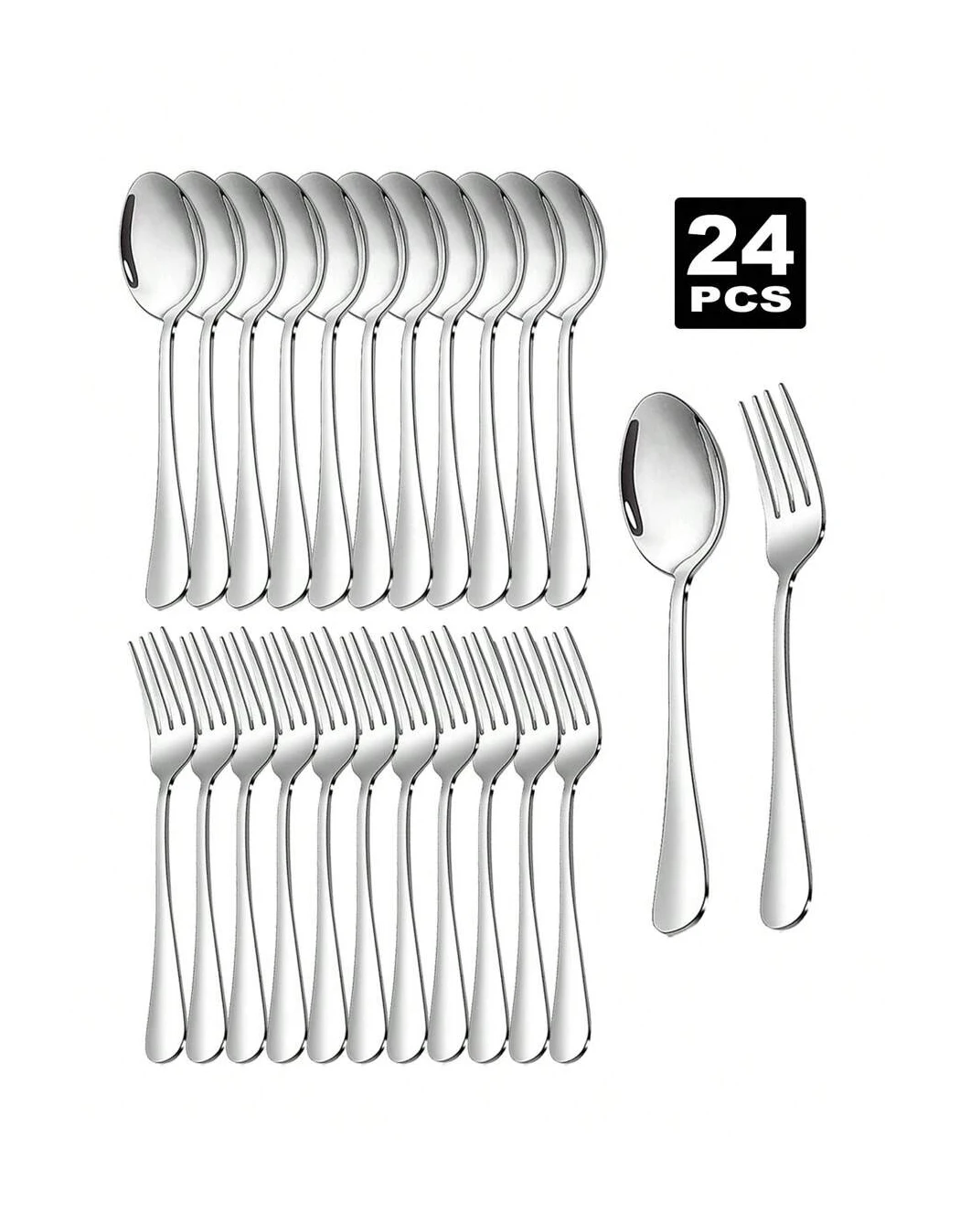 2/8/12/24-teiliges Gabel- und Löffel-Set aus Edelstahl, geeignet für Küche zu Hause, Restaurant, Hochzeit, Party, Küche, Weihnachtsgeschenk Image