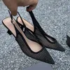 Strass Mesh Absatz Sandalen Damen Schuhe spitzen Zehen Trans aprent schwarz elegante Pumps Sommer