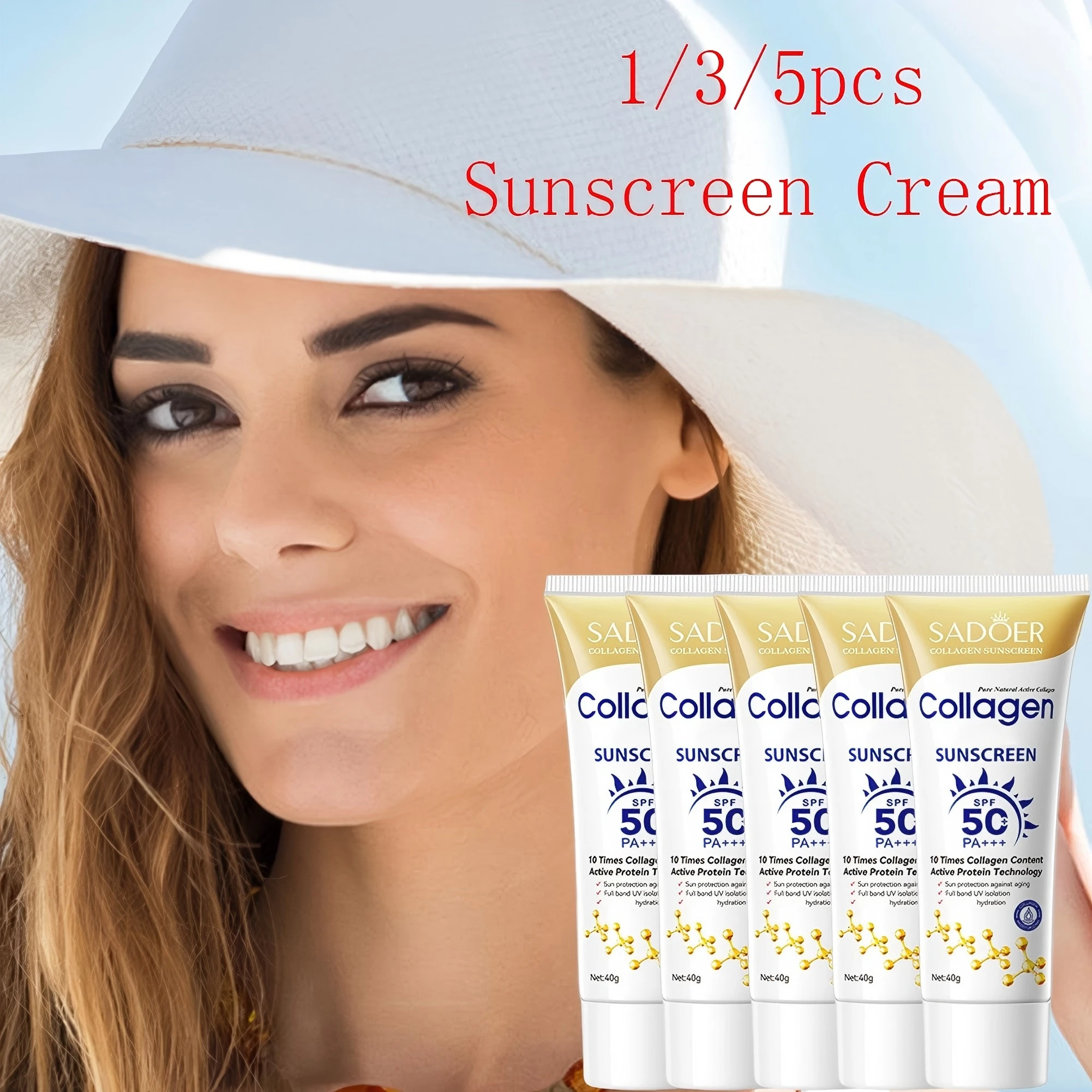 SADOER Kollagen-Sonnenschutzcreme, UV-Schutzcreme, feuchtigkeitsspendende, aufhellende SPF-Formel, leichte, nicht fettende Hautpflege, 1/3/5 Stück Image