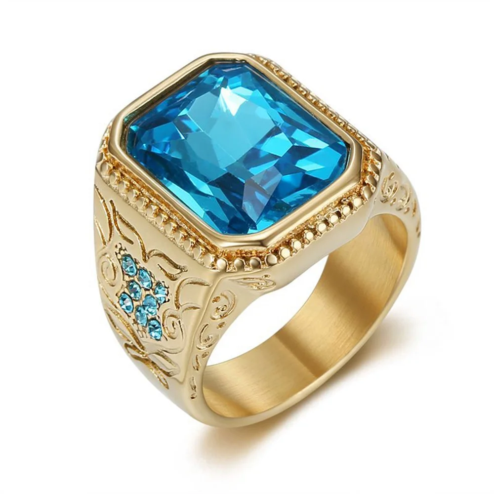Hip Hop Iced Out Bling Großen Quadratischen Ring Männlichen Gold Farbe Edelstahl Blau CZ Rapper Ringe Für Männer Fashion Party Schmuck Geschenk