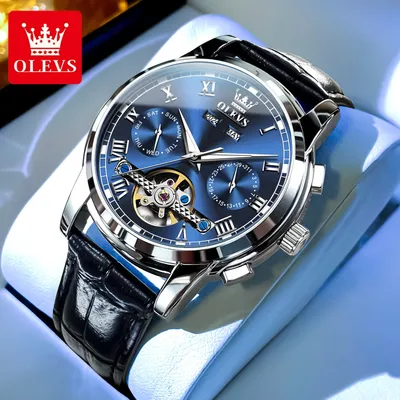 OLEVS 6607 Automatic Watch for Men Black Leather Strap Hollow Flywheel Calendar Waterproof Luminous Business Luxury Men's Watch