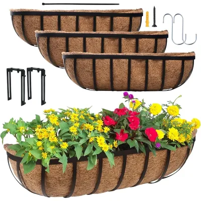 Window Box - 4 Pack 24" Horse Trough Planter with Coco Fiber Liner - Deck Balcony Rail Planter for