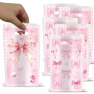 10/30/50Pcs Bow Party Plastic Goodie Bags Pink Bow Candy Gift Bags For Bow Wedding Birthday Party