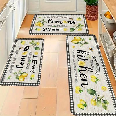 TEMU 2/3pcs Kitchen Set Mat, Bee And Lemon Pattern Mat, Flannel Material - Soft Comfortable, Suitable For Bedroom Living Room Dining Room Bathroom Entrance Mat Image