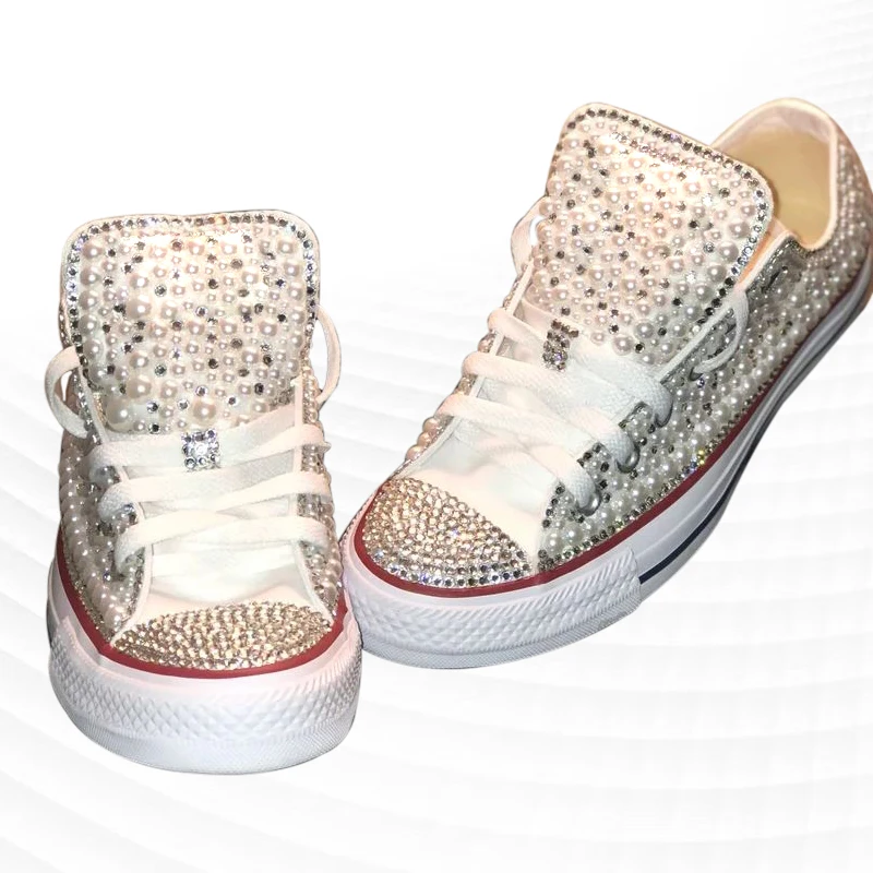Handgefertigte Canvas-Schuhe mit Perlen-Strasssteinen, Bankett, Party, Hochzeit, weiße, große Low-Top-Schnürschuhe, lässige Damenschuhe, Größe 35–44