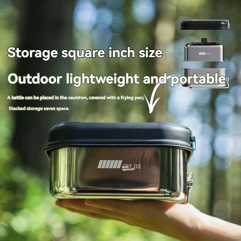 ALOCS Kleines quadratisches Topf-Set für Outdoor-Camping, tragbares Wasserkocher-Pfanne aus Edelstahl 304, Kochgeschirr Image