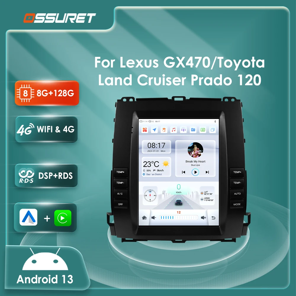 9,7-Zoll-Carplay-Android-13-Autoradio für Toyota Land Cruiser Prado 120 2002 - 2009 Lexus GX47 GPS-Stereo-2-DIN-Multimedia-Player Image