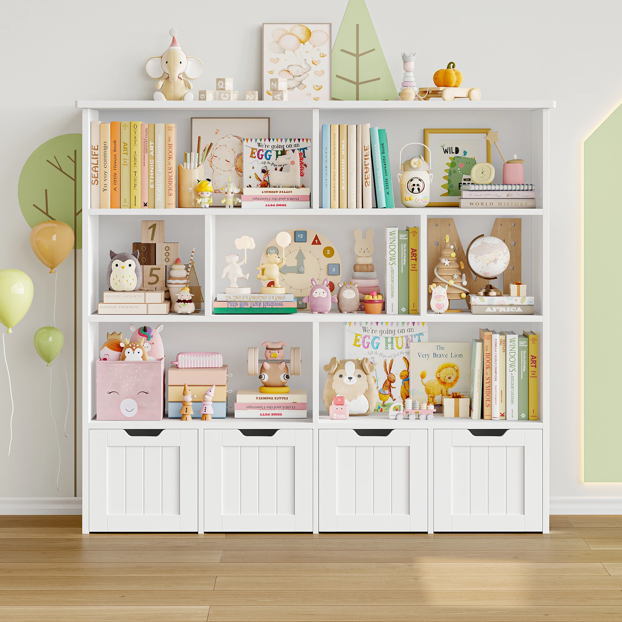 Getone kinderregal kinderzimmer möbel Spielzeugtruhe Bücherregal kinderschrank mit 4 Rollschubladen 8 Regalen 125.5x33x118cm