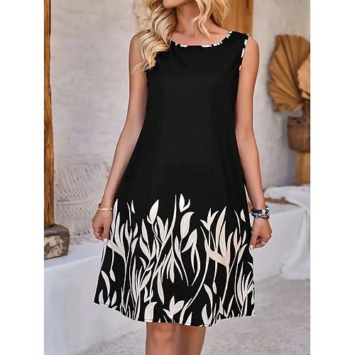 Damen Langes Kleid Maxikleid Freizeitkleid Elegant Stilvoll Lässig Urlaub Täglich Date Lässiger Schnitt Blumen Ärmellos Rundhalsausschnitt Schwarz Marineblau Dunkelblau Sommer Frühling Herbst Image