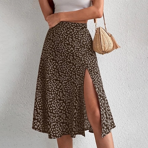 Damen Lässig Knielang Mittlere Hüfthöhe Röcke Blumen Druck Mikroelastisch Urlaub Straße Blau Schwarz Gelb Orange Sommer Polyester Image