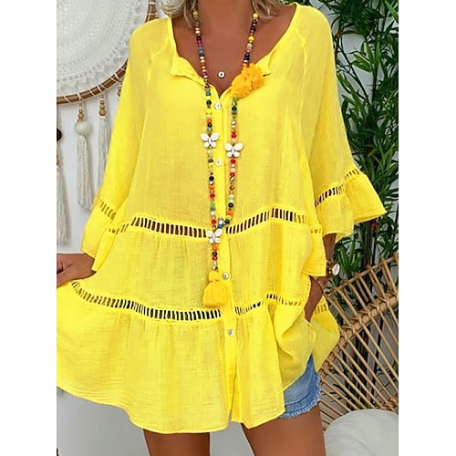 Damen Mini Kleid Shift Kleid Rüschendress Puffärmel Kleid Leinen Casual Täglich Urlaub Regelmäßige Passform Grafik 3/4 Ärmel V-Ausschnitt Weiß Gelb Rot Braun Sommer Image