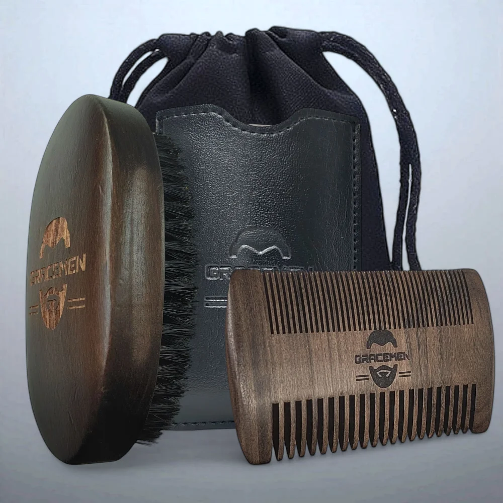 Gracemen Retro-Bart-Set, 4-in-1 – Wildschwein-Bartbürste und doppelseitiger Bartkamm aus Holz und Schutzhülle aus Leder und Reisetasche Image