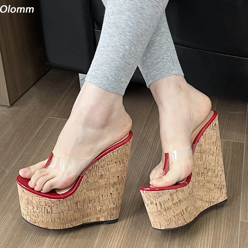 Olomm handgemachte Frauen Plattform Flip Flops Sandalen Keile High Heels runde Zehen wunderschöne rote Freizeit schuhe Damen uns plus Größe 5-15