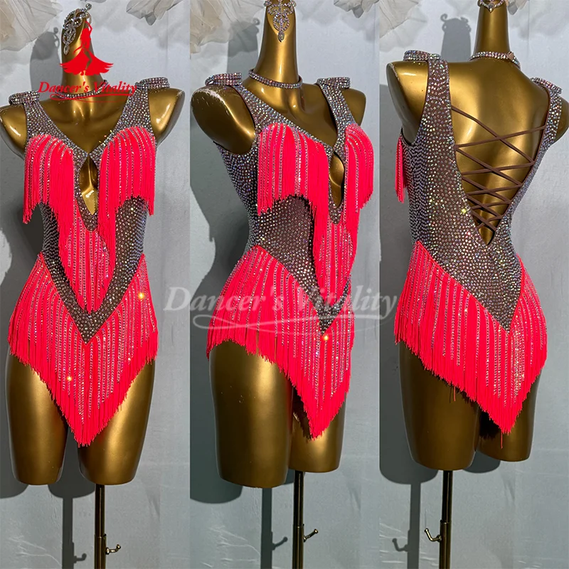 Maßgeschneiderte Kleider für lateinamerikanische Tänze, AB-Steine-Quastenkleid für Erwachsene und Kinder, Tango, Samba, Rumba, Wettbewerbsoutfit Image