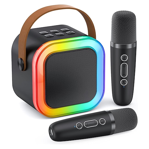 Mini-Karaoke-Maschine, tragbares Bluetooth-Mini-Karaoke-Mikrofon, Gesangslautsprecher mit 2 kabellosen Mikrofonen und Licht für alle Smartphones Image