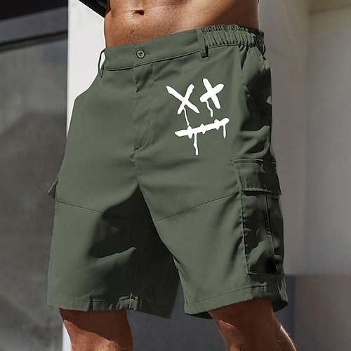 Herren Cargo-Shorts Arbeitsshorts Elastischer Bund Mehrere Taschen Lustig Lächelndes Gesicht Knielang Sport im Freien Lässig Campen und Wandern Klassisch Shorts Schwarz Armeegrün Mikroelastisch Image