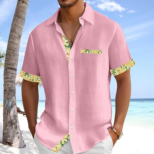 Herren Hemd Leinenhemd Sommerhemd Strandhemd Hemden zum Herausstecken Karomuster Urlaub Ferien Hellgrün Rosa Grün Leicht Blau Kurzarm Kragen Sommer Bekleidung Image