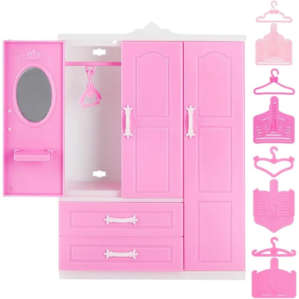 Puppen-Schrank, Möbel, Kleiderschrank, Kleidung, Organizer, offener Kleiderschrank mit 40 Puppen-Kleiderbügeln, 4 Stile, rosa Herstellungsset